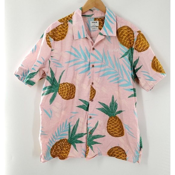 Hurley Men's Pink Pineapple Print Button Up Dress Shirt Size‎ L Classic Fit - Picture 1 of 6